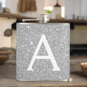 Luxury Silver Glitter and Sparkle Monogram Hip Flask