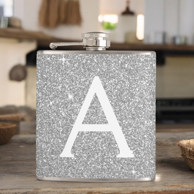 Luxury Silver Glitter and Sparkle Monogram Hip Flask (Creator Uploaded)