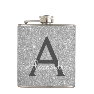 Luxury Silver Glitter and Sparkle Monogram Hip Flask