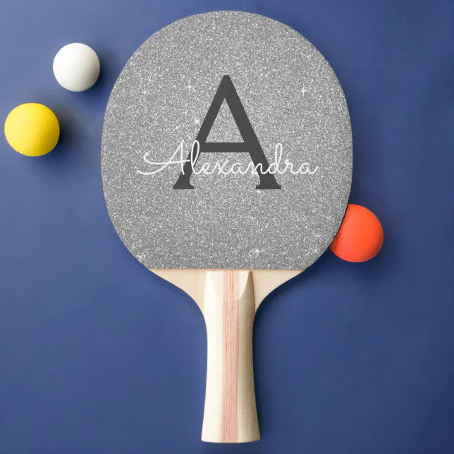 Ping Micro Monogram Luxury Silver Glitter and Sparkle Monogram Ping Pong Paddle | Zazzle