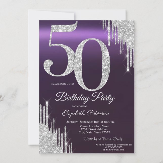 Luxury Silver Glitter Drips Purple 50th  Invitation (Front)