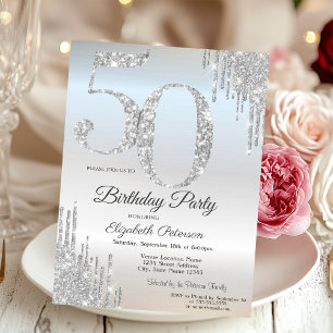 Luxury Silver Glitter Drips Silver 50th Invitation