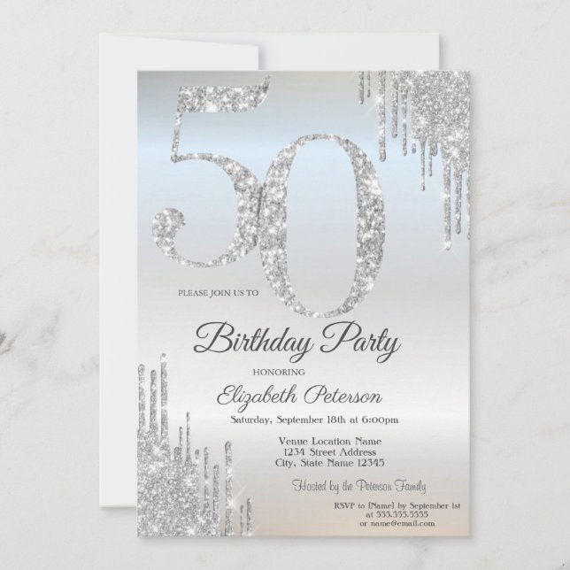 Luxury Silver Glitter Drips Silver 50th  Invitation (Front)