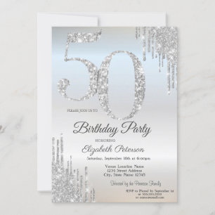 Luxury Silver Glitter Drips Silver 50th  Invitation