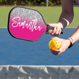 Luxury Silver Glitter Hot Pink Ombre Personalized Pickleball Paddle
