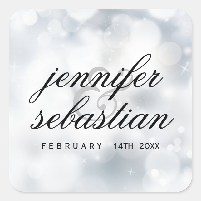 Luxury Silver Glitter Lights Wedding monogram Square Sticker (Front)