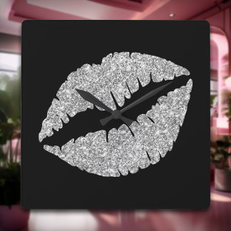 Luxury Silver Glitter Lipstick on Black Square Wall Clock