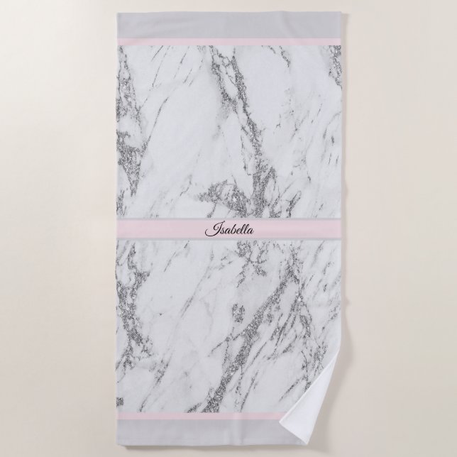 Luxury Silver Glitter Marble Customise Beach Towel (Front)