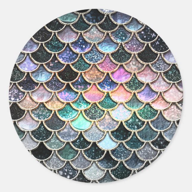 Luxury silver Glitter Mermaid Scales Classic Round Sticker (Front)