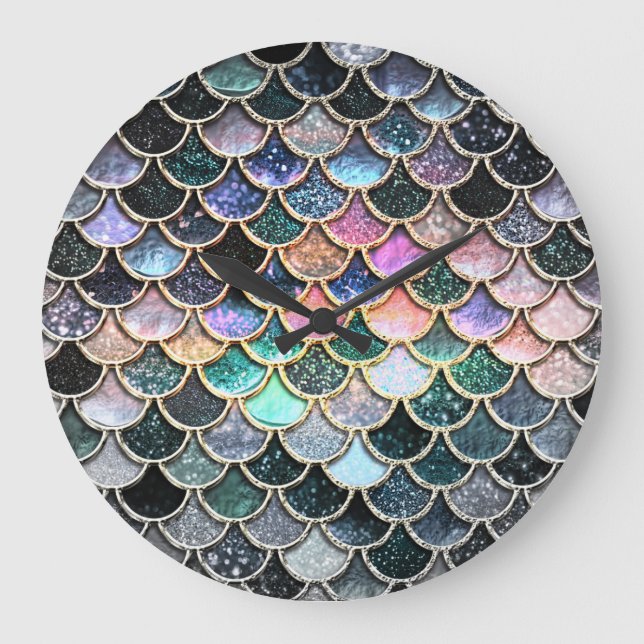 Luxury silver Glitter Mermaid Scales Large Clock (Front)