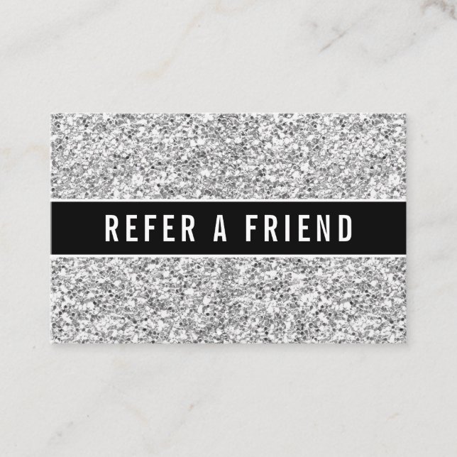 Luxury Silver Glitter Salon Referral Customer Business Card (Front)