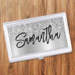 Luxury Silver Glitter Shimmer Ombre Personalised Business Card Holder<br><div class="desc">Girly glam business card holder for her featuring a luxury faux silver grey glitter with sparkle and silvery grey shimmer ombre colour block design. The name features a black modern handwritten lettering brush script calligraphy style. Customise the font colour, size and style in this text design. You will find a...</div>