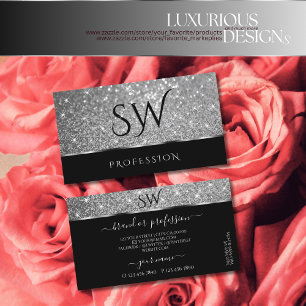 Luxury Silver Glitter Shimmer Stars Black Monogram Business Card