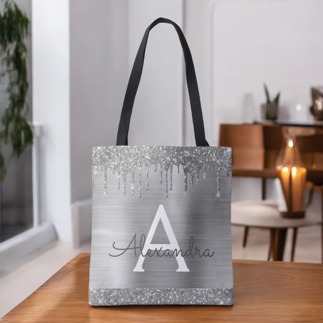 Luxury Silver Glitter Sparkle Elegant Monogram Tote Bag (Creator Uploaded)