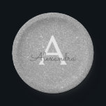 Luxury Silver Glitter & Sparkle Monogram Birthday Paper Plate<br><div class="desc">Luxury Silver Faux Glitter and Sparkle Elegant Birthday or Bachelorette Party Plates. These Wedding,  Bridal Shower or Birthday Party Plates can be customised to include your initial and first name. Please contact the designer for customised matching items.</div>