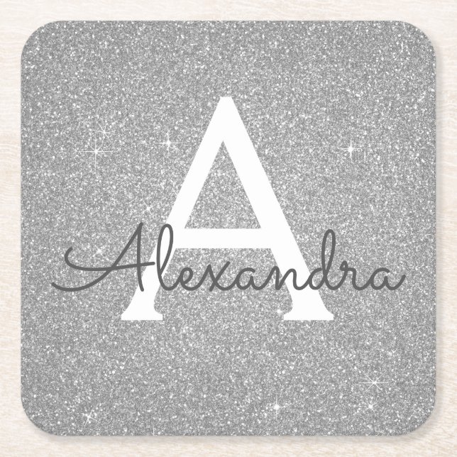 Luxury Silver Glitter & Sparkle Monogram Birthday Square Paper Coaster (Front)