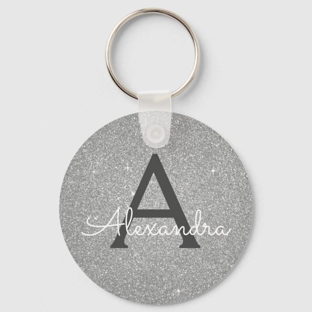 Luxury Silver Glitter & Sparkle Monogram Key Ring (Front)