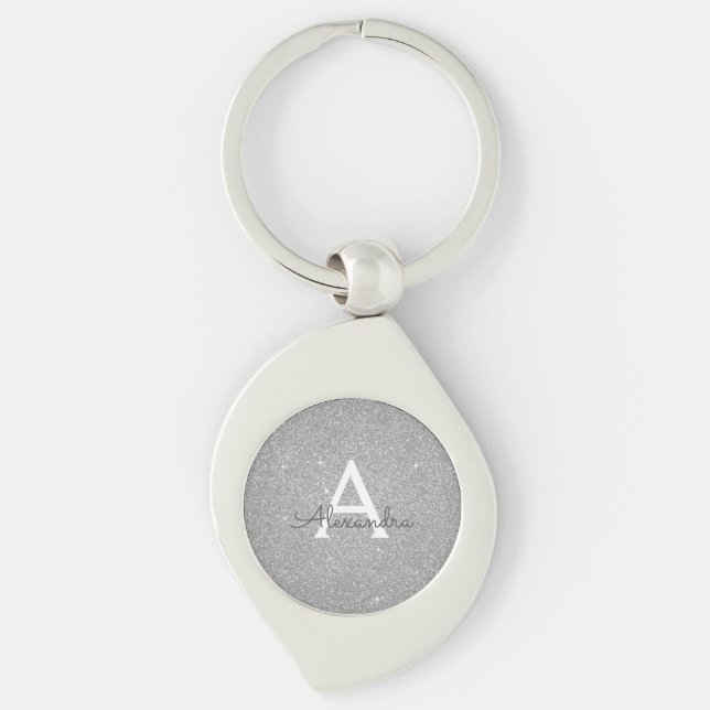 Luxury Silver Glitter & Sparkle Monogram Key Ring (Front)