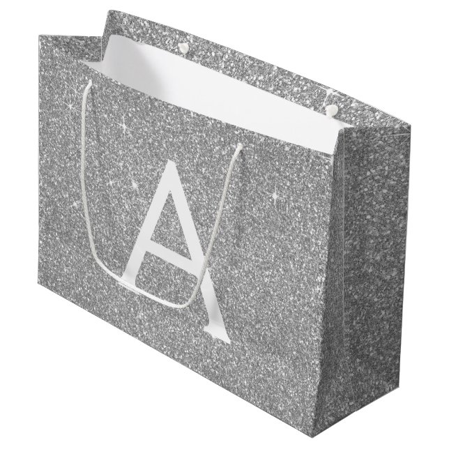 Luxury Silver Glitter & Sparkle Monogram Large Gift Bag (Front Angled)