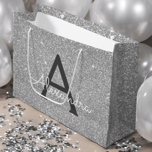 Luxury Silver Glitter & Sparkle Monogram Large Gift Bag