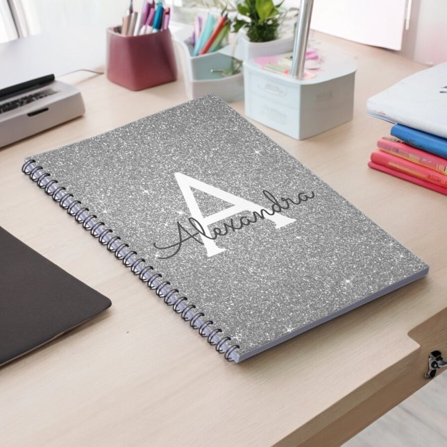 Luxury Silver Glitter Sparkle Monogram Notebook (Creator Uploaded)