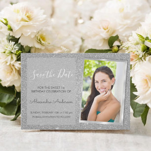 Luxury Silver Glitter Sweet 16 Save the Date Invitation