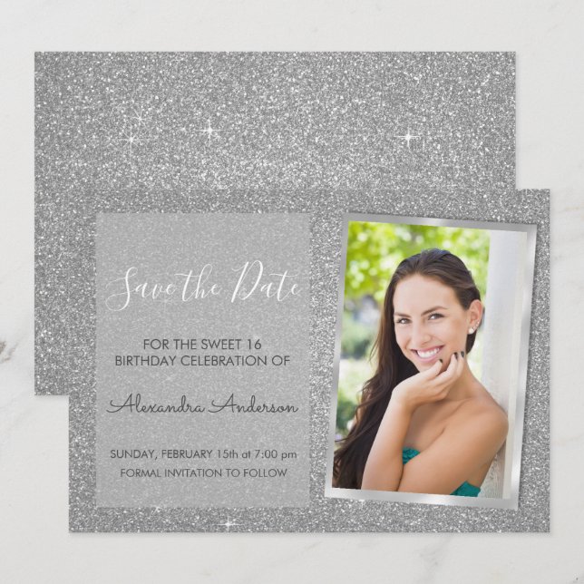 Luxury Silver Glitter Sweet 16 Save the Date Invitation (Front/Back)