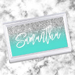 Luxury Silver Glitter Turquoise Ombre Personalised Business Card Holder<br><div class="desc">Girly glam business card holder for her featuring a luxury faux silver grey glitter with sparkle. Customise the turquoise background colour to create your own personalised design. The name features a white modern handwritten lettering brush script calligraphy style. Customise the font colour, size and style in this text design. You...</div>