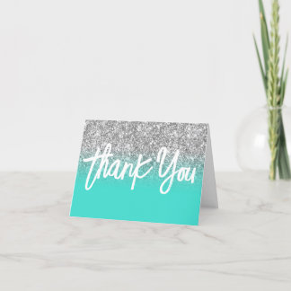 Luxury Silver Glitter Turquoise Ombre Thank You Card