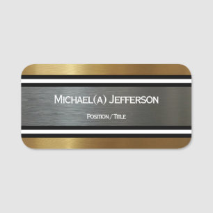 Luxury Silver & Gold Brushed: Black  White Striped Name Tag