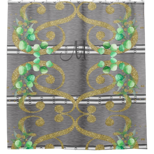 Luxury Silver Gold Glitter Monogram Shower Curtain (Front)