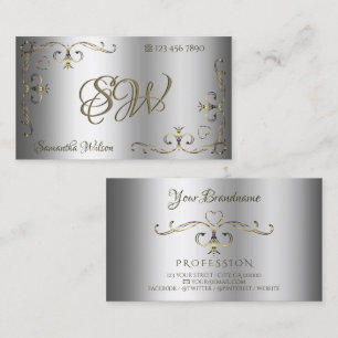Luxury Silver Gold Ornate Corners Initials Elegant Business Card