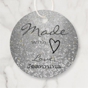 Luxury Silver Grey Glitter Made with Love Heart Favour Tags