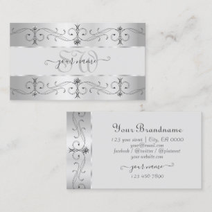 Luxury Silver Grey Ornate Borders Jewels Monogram Business Card