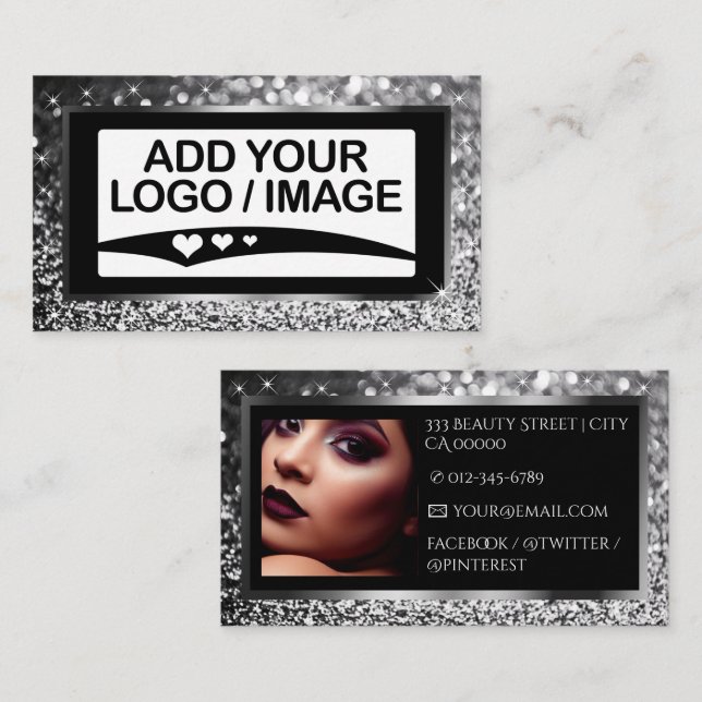 Luxury Silver Grey Sparkle Logo Photo Template Business Card (Front/Back)