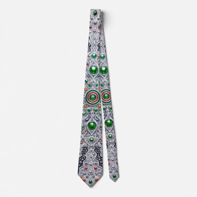 Luxury Silver Kaleidoscope Tie – Gemstone Pattern  (Front)