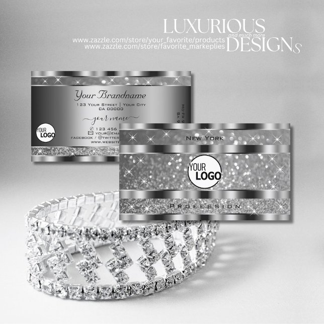 Luxury Silver Luminous Glitter Stars Logo Elegant Business Card (Creator Uploaded)