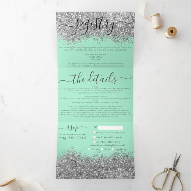 Luxury Silver Mint Glitter Registry Detail RSVP Tri-Fold Invitation (Inside)