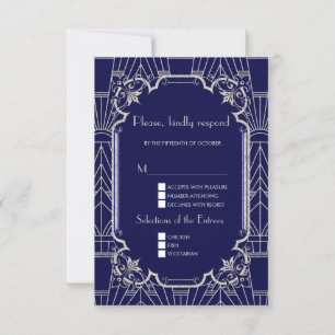 Luxury Silver Navy Blue Great 20s Wedding RSVP Card
