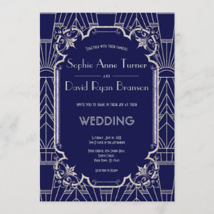 Luxury Silver Navy Blue Great Gatsby 20s Wedding Invitation