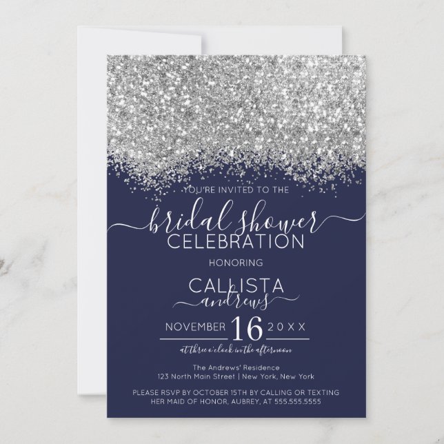 Luxury Silver Navy Glitter Confetti Bridal Shower Invitation (Front)