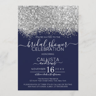 Luxury Silver Navy Glitter Confetti Bridal Shower Invitation