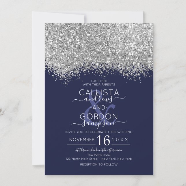 Luxury Silver Navy Glitter Confetti Wedding Invitation (Front)