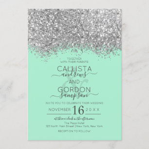 Luxury Silver Neo Mint Glitter Confetti Wedding Invitation
