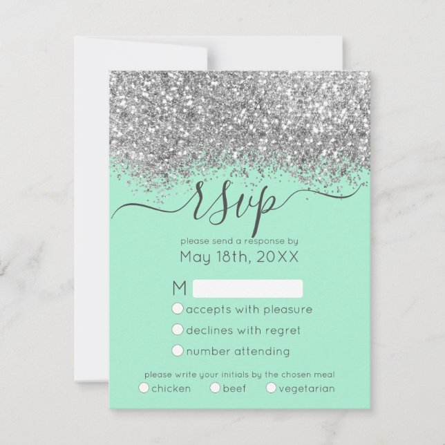 Luxury Silver Neo Mint Glitter Confetti Wedding RSVP Card (Front)