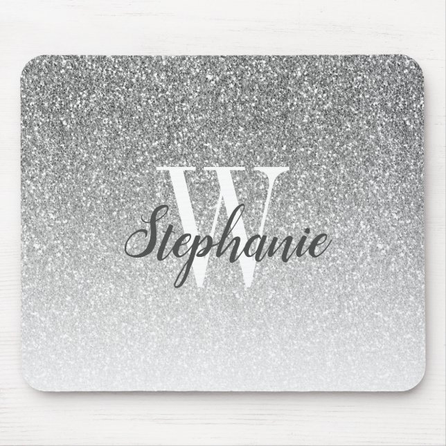 Luxury Silver Ombre Faux Glitter Monogram Mouse Mat (Front)