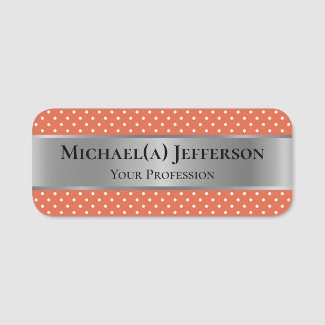 Luxury Silver On Modern Koi Fish Orange Polka Dots Name Tag (Front)