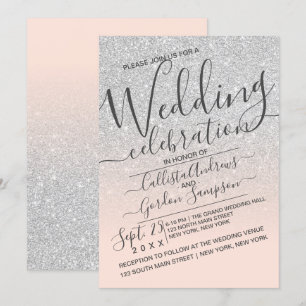 Luxury Silver Pink Sparkly Glitter Ombre Wedding Invitation
