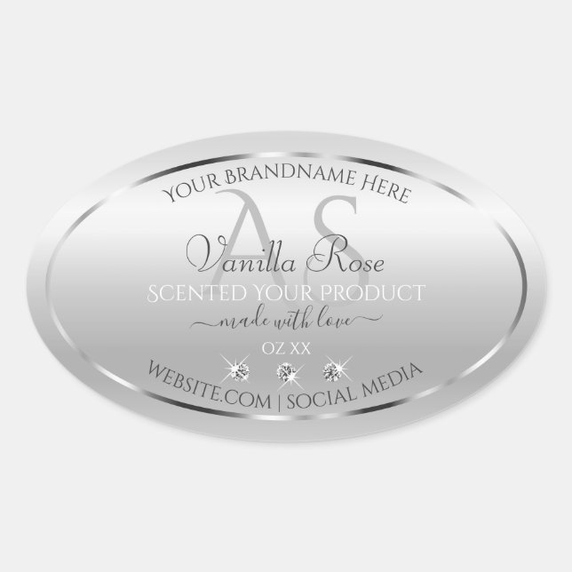 Luxury Silver Product Labels Diamonds and Monogram (Front)