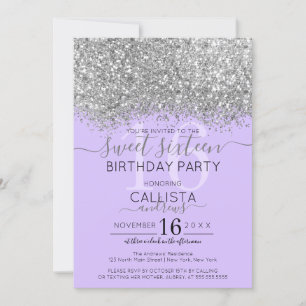 Luxury Silver Purple Glitter Confetti Sweet 16 Invitation